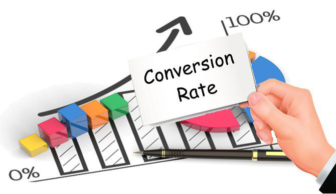 An increasing graph and a person holding a flashcard named “Conversion rate”.