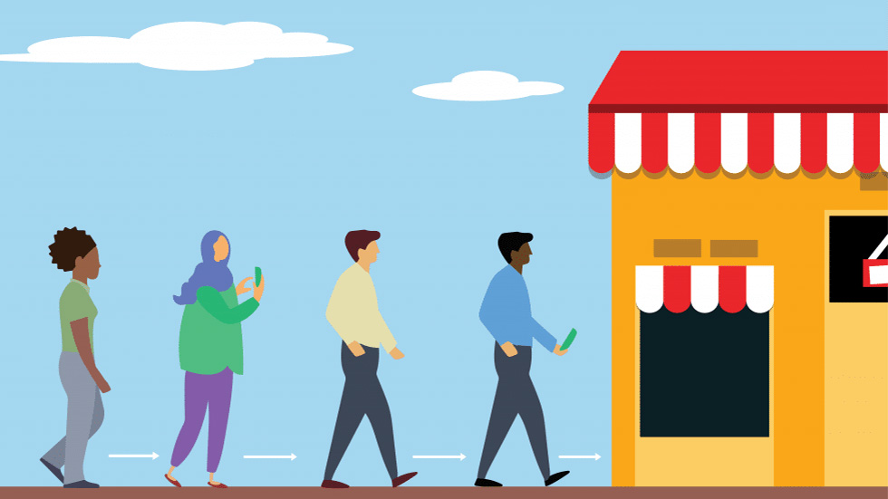 A long line of people visiting an offline store.