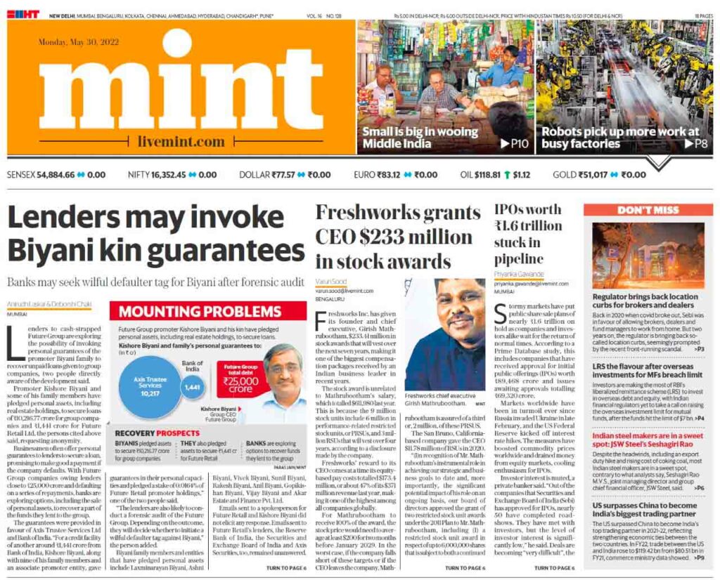 Front page of Mint newspaper
