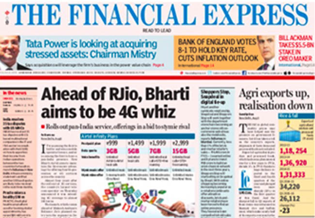 Front page of The Financial Express (Delhi) newspaper
