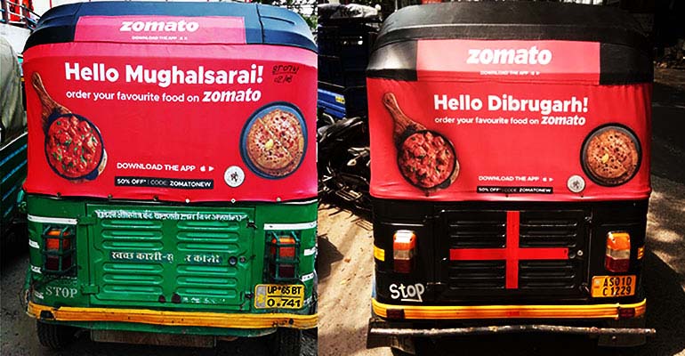 Zomato’s advertisement featuring the back of an auto-rickshaw.