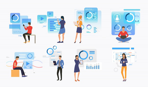 Eight different people using different digital tools.