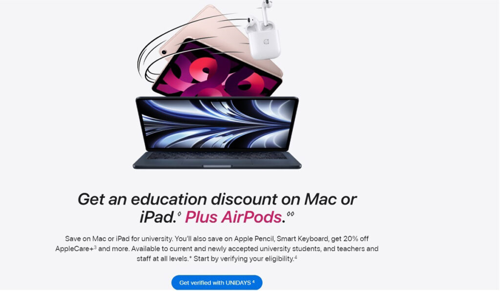 A poster featuring Mac and iPads piled up together and the details of the offer.
