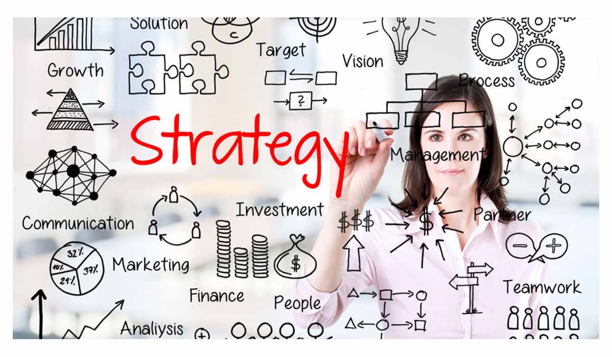  A woman writing the various components of an effective strategy.
