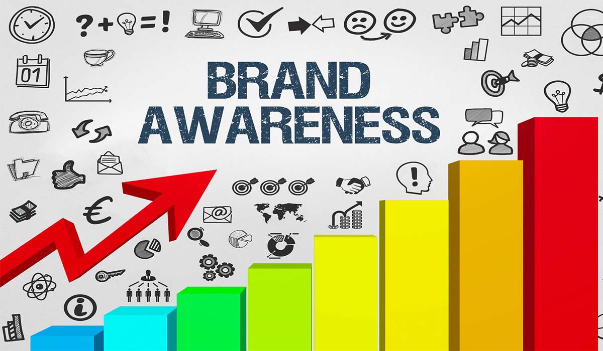 An arrow showing the increasing colourful bar graph of brand awareness.
