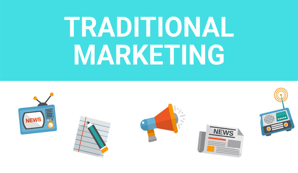 A picture featuring various forms of traditional advertisement like newspaper, radio, loudspeakers etc.
