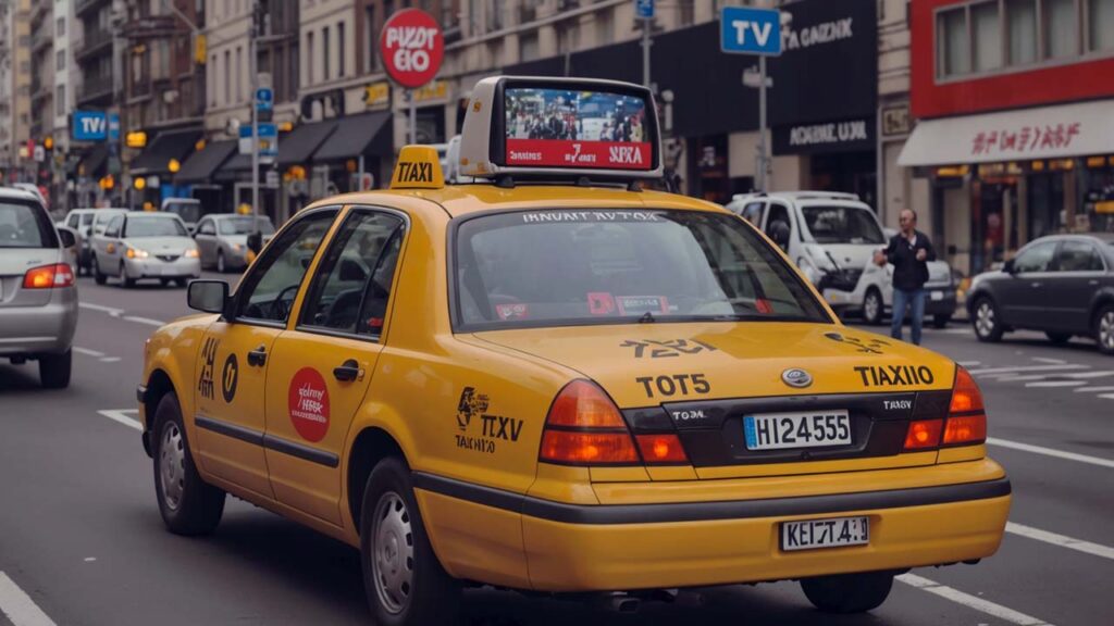 A taxi with a digital screen advertisement on it
