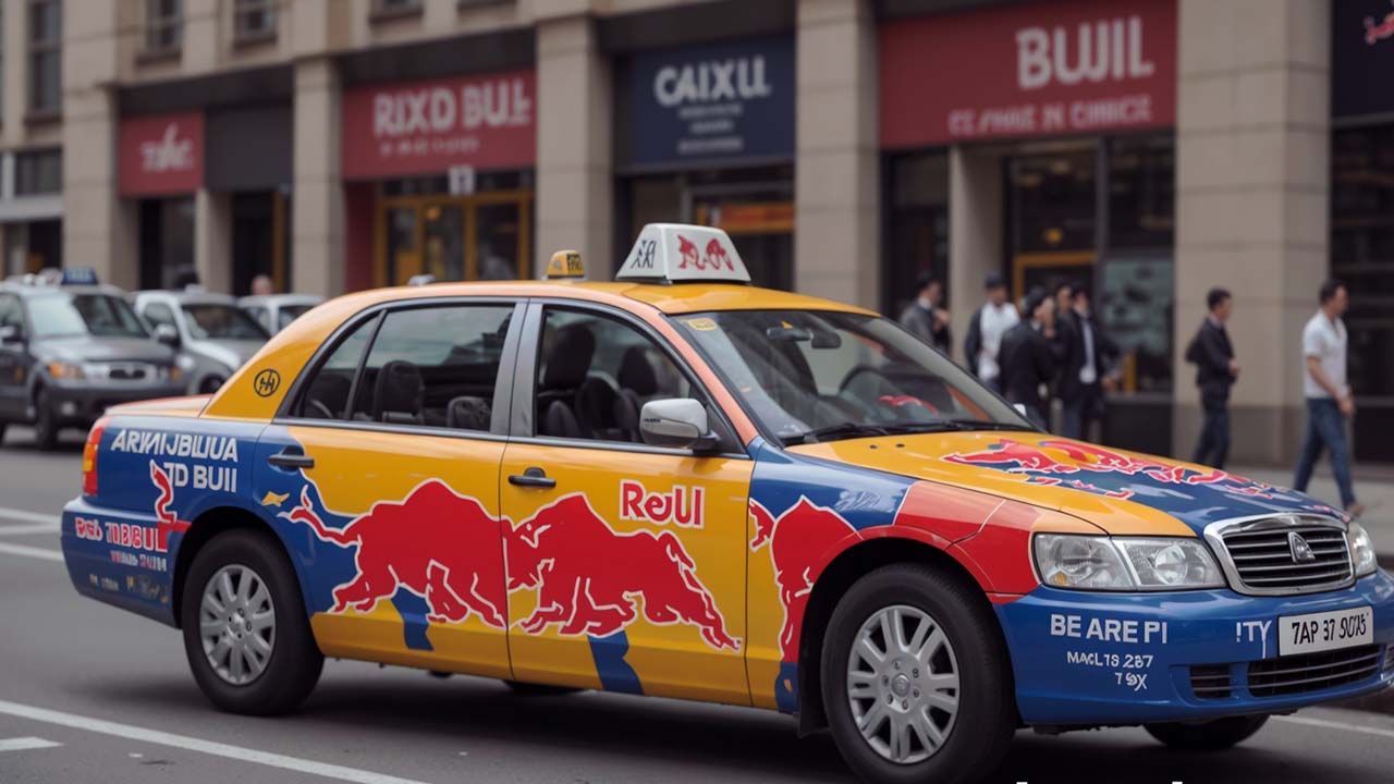 A taxi with an advertisement painted onto it