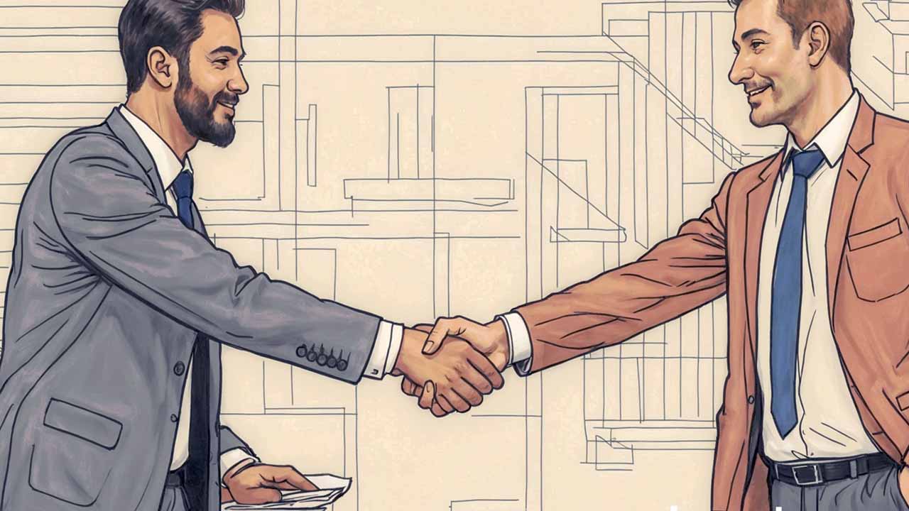 Two people shaking hands and exchanging things.
