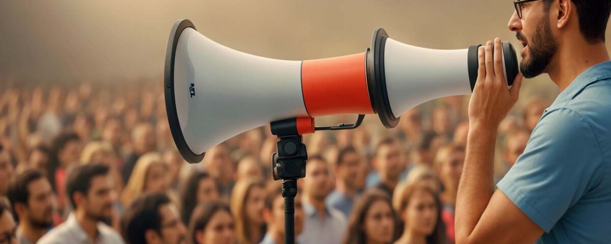 A man speaking to the audience using a loudspeaker.