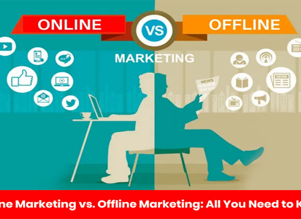 Two people sitting and accessing online and offline marketing mediums i.e. newspaper and internet.