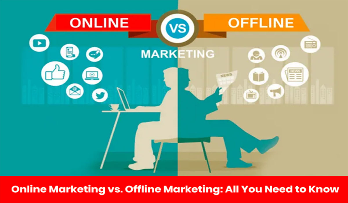 Two people sitting and accessing online and offline marketing mediums i.e. newspaper and internet.