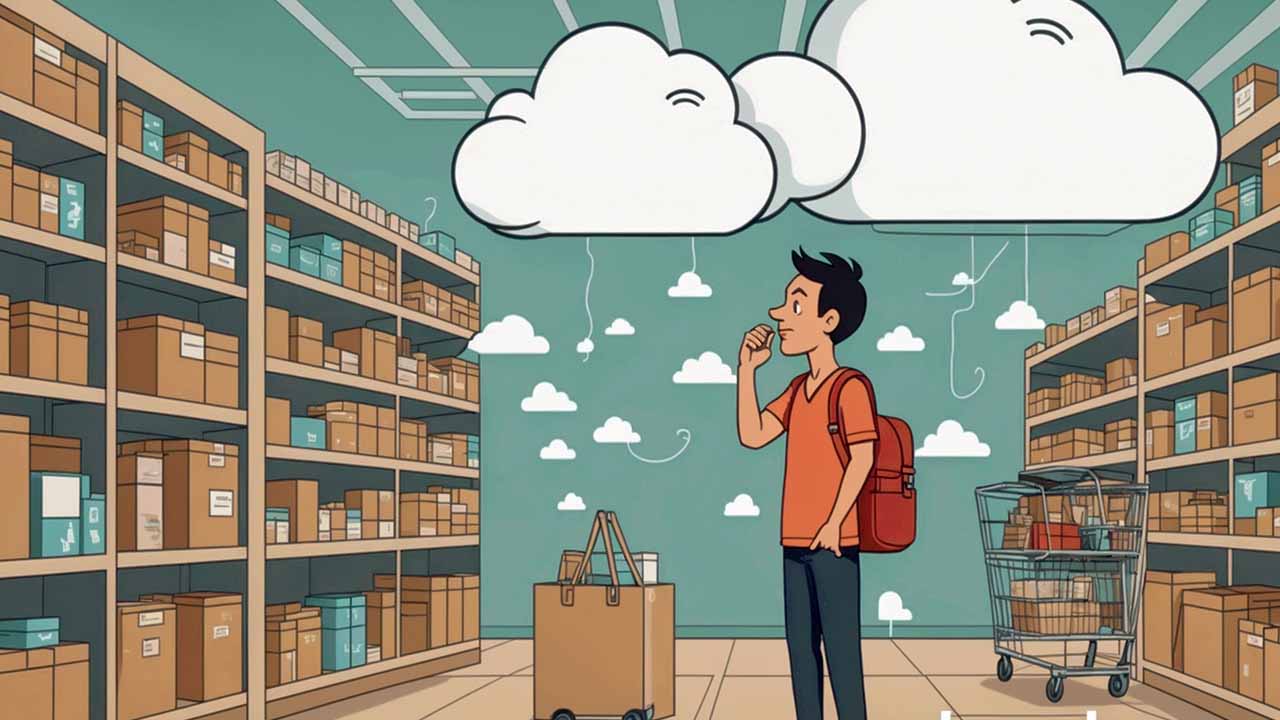 A person thinking about various things while shopping.
