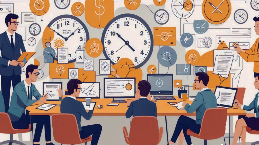 A group of marketers devising a strategy to save money and time.
