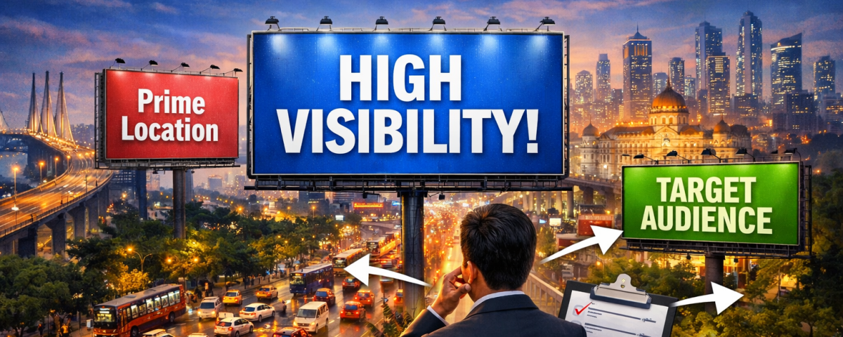 Mumbai skyline with premium roadside hoardings highlighting prime location, high visibility, and target audience selection for 2026–27 advertising.