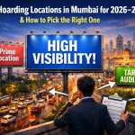 Mumbai skyline with premium roadside hoardings highlighting prime location, high visibility, and target audience selection for 2026–27 advertising.