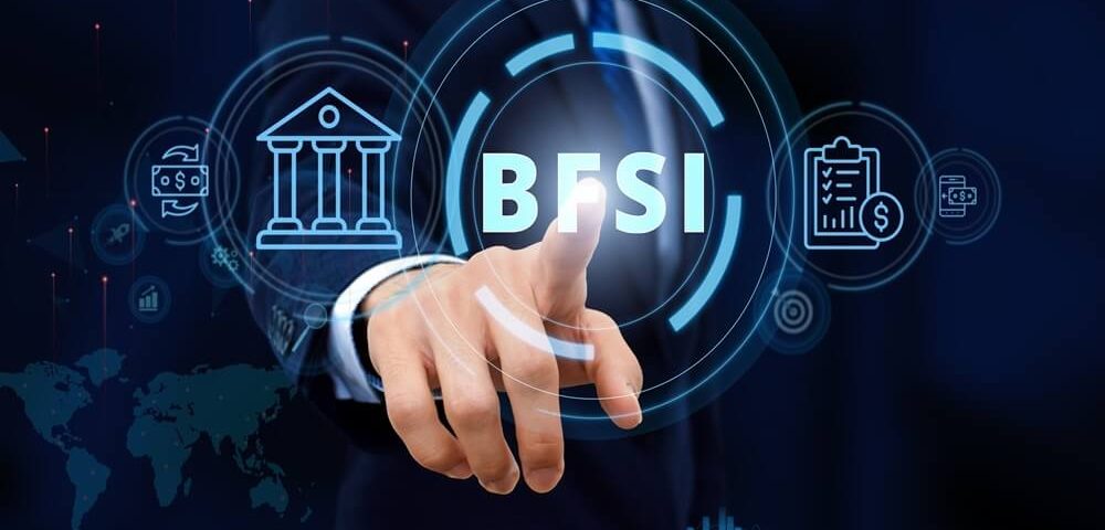 Business professional interacting with digital BFSI interface and financial service icons