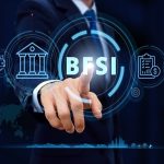 Business professional interacting with digital BFSI interface and financial service icons