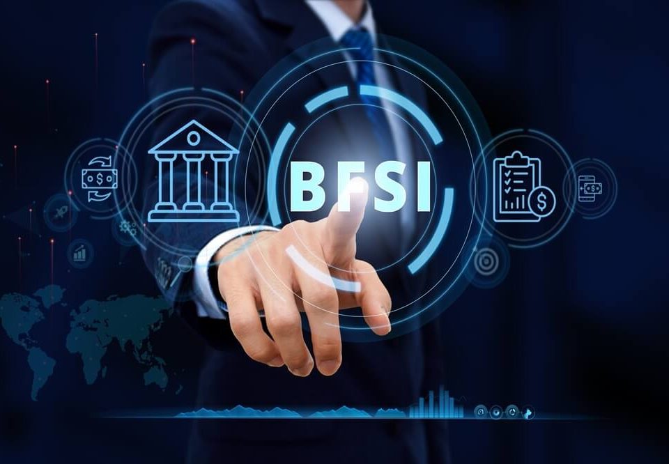 Business professional interacting with digital BFSI interface and financial service icons