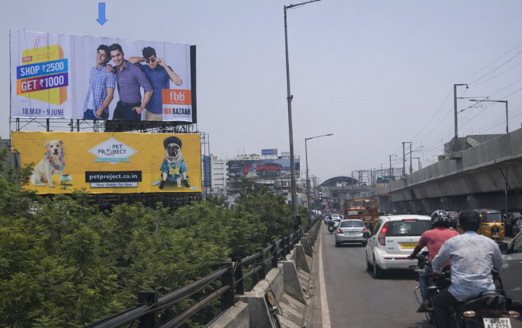 Stacked Roadside Billboards With Retail And Pet Ads Two stacked roadside billboards showing a clothing sale and a pet products advertisement