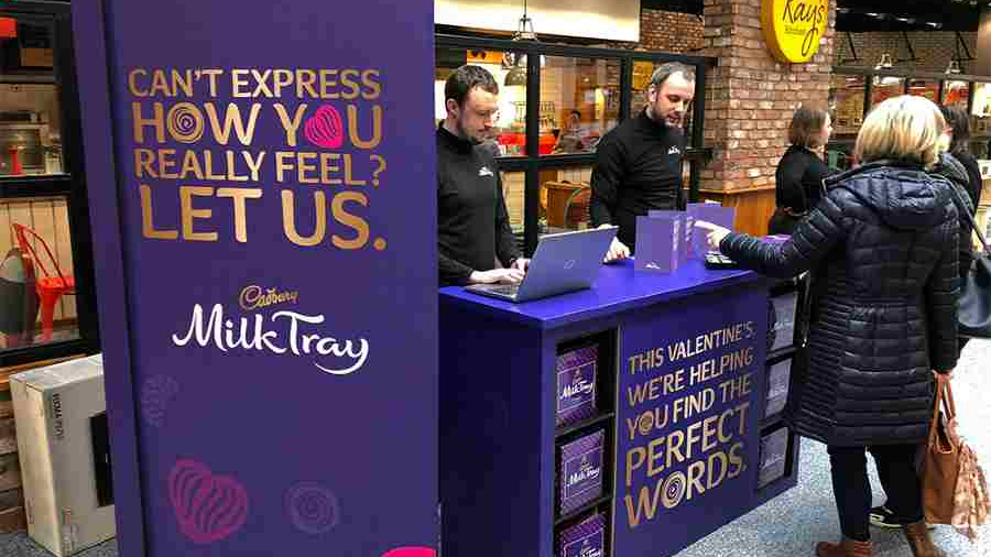 Cadbury Milk Tray In-Mall Valentine’s Experiential Activation Cadbury Milk Tray Valentine’s activation booth helping shoppers create personalized messages in a mall.
