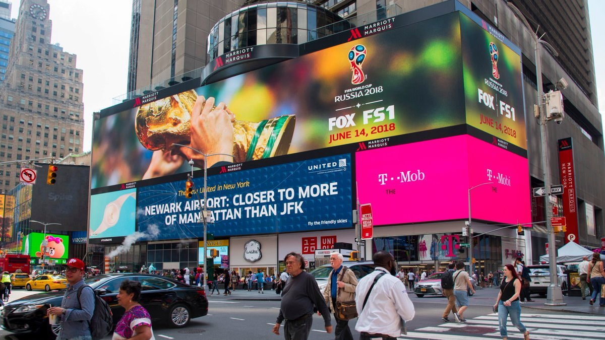 Times Square Digital Billboard Advertising FIFA World Cup Broadcast Large digital billboard in Times Square promoting the FIFA World Cup Russia 2018 broadcast on FOX and FS1.