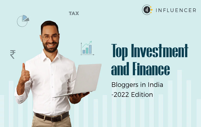 Top Investment and Finance Bloggers Graphic Man holding laptop in graphic about top investment and finance bloggers in India