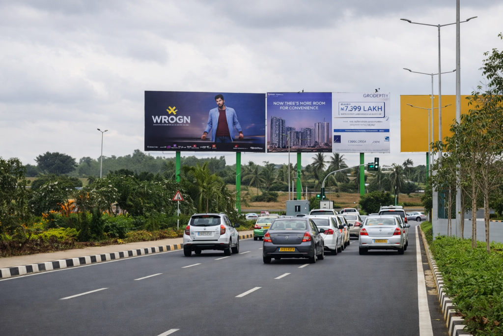 Multiple large roadside billboards including WROGN fashion and real estate advertisements positioned along a busy highway with cars in traffic.