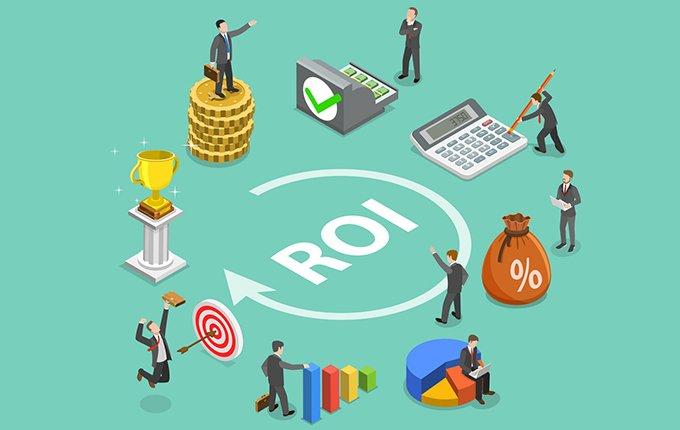 Illustration of return on investment (ROI) concept showing business professionals analyzing profits, coins, calculator, charts, and financial growth around an ROI symbol.