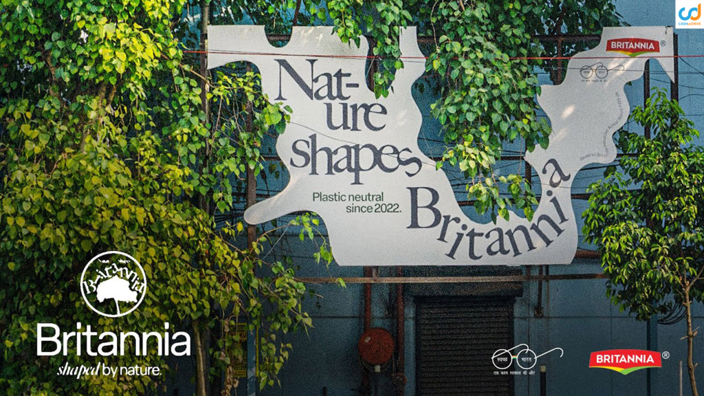 Innovative outdoor billboard by Britannia integrated with natural surroundings highlighting sustainability messaging.