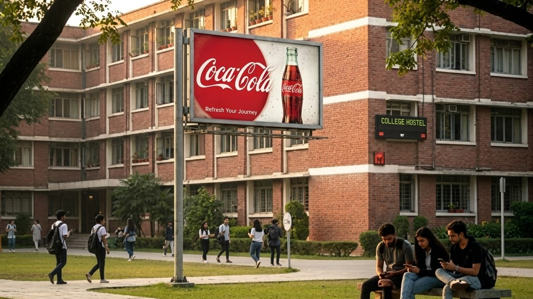 Coca-Cola billboard placed within a college campus environment with students sitting and walking nearby.
