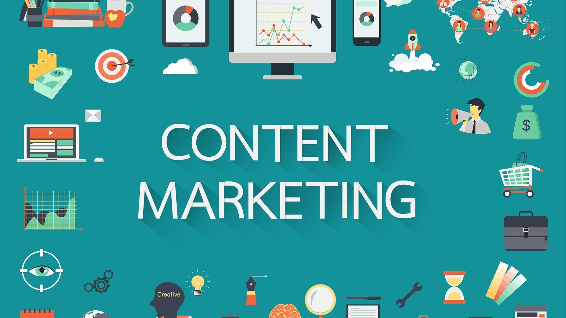 Content marketing concept illustration with digital marketing icons, analytics, social media, and online business elements
