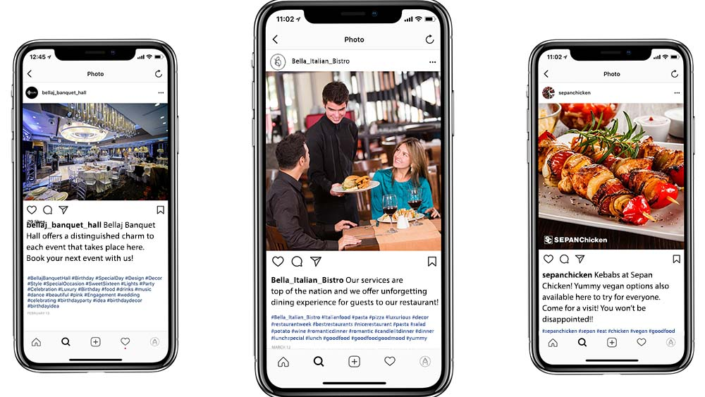 Mobile screens displaying Instagram posts for restaurants and food brands showcasing social media marketing for D2C brands