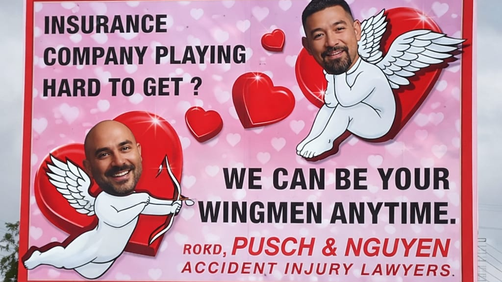 Insurance billboard using cupid wingmen concept for humorous legal advertising