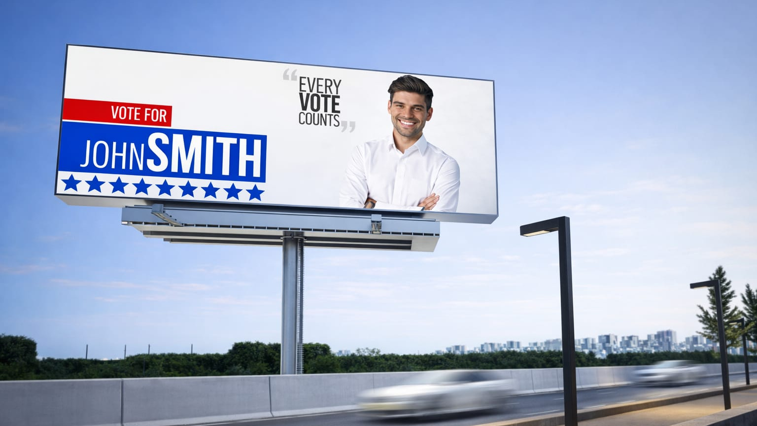 Political campaign billboard promoting candidate John Smith with vote messaging