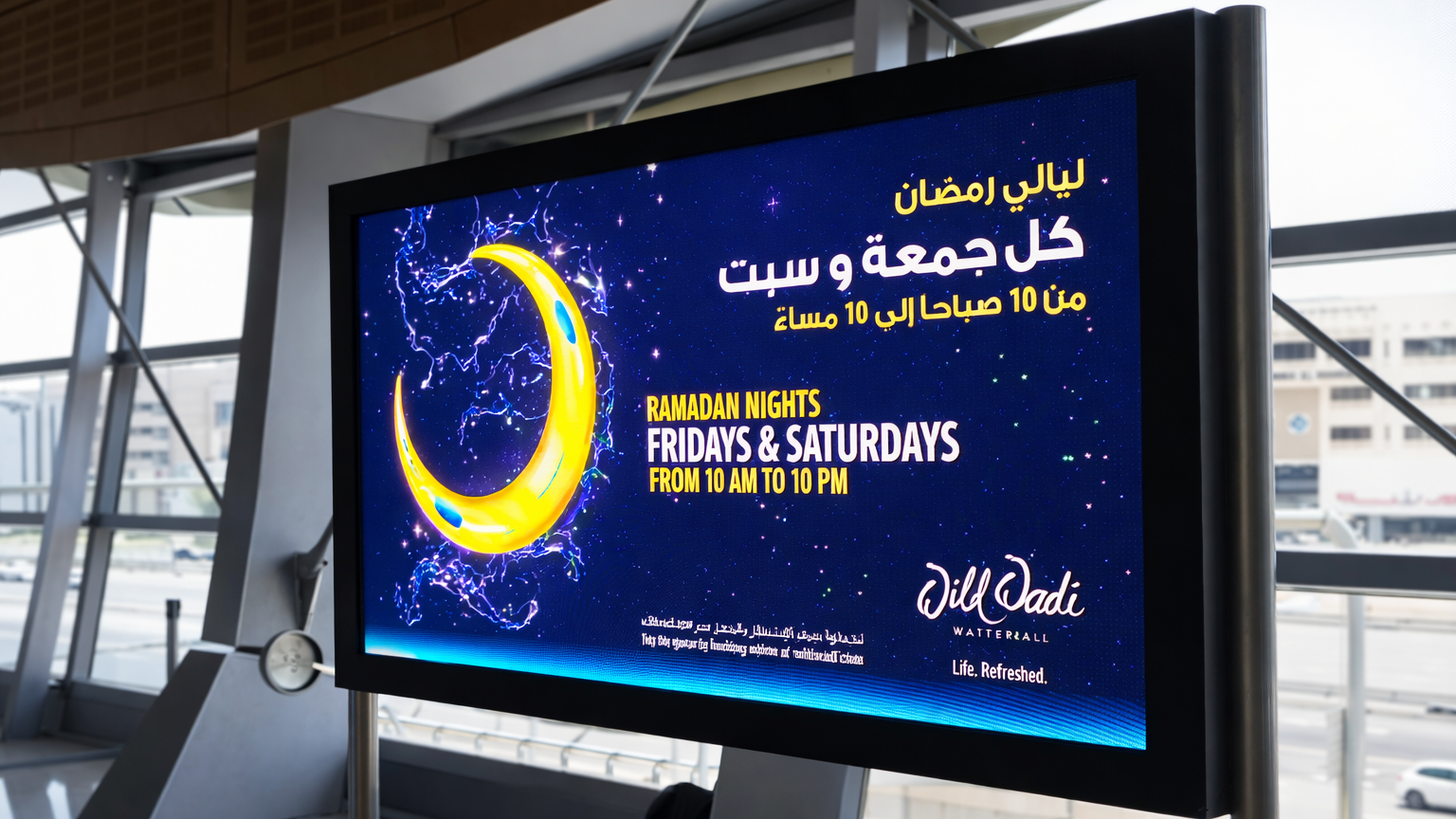 Dubai Metro Digital Billboard Promoting Ramadan Nights Event Large indoor digital advertising screen at a metro station displaying a Ramadan Nights promotional campaign with Arabic text and crescent moon graphics.