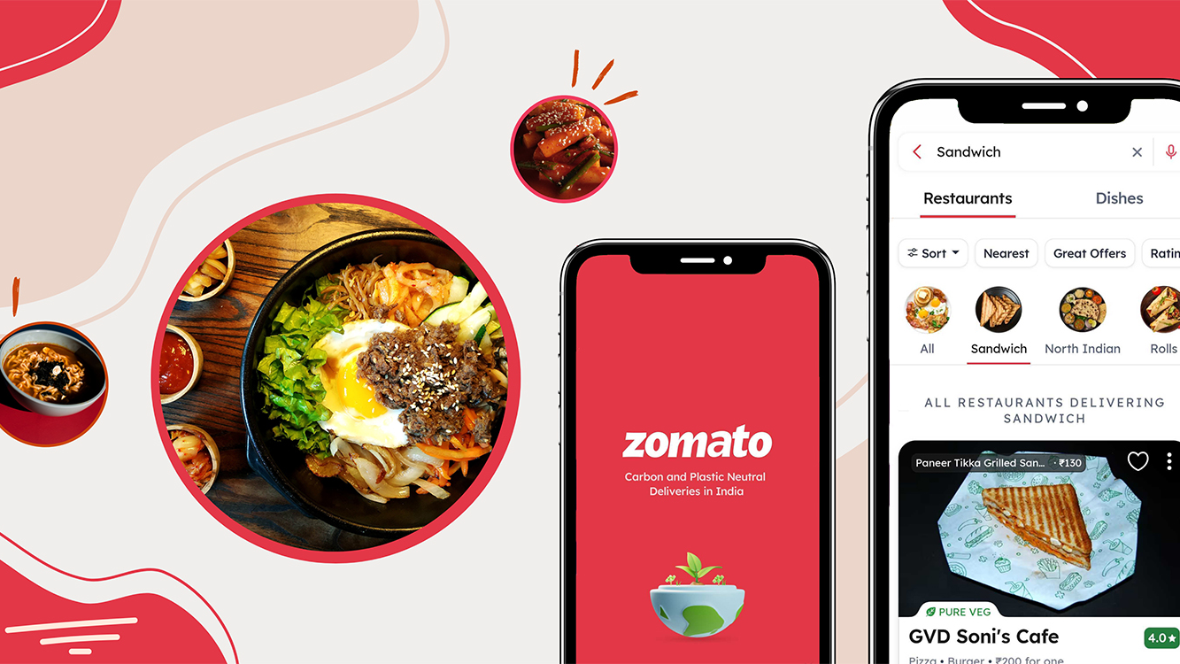 Promotional graphic showing the Zomato mobile app interface with food images and a sandwich search page highlighting restaurant listings and online food delivery options.