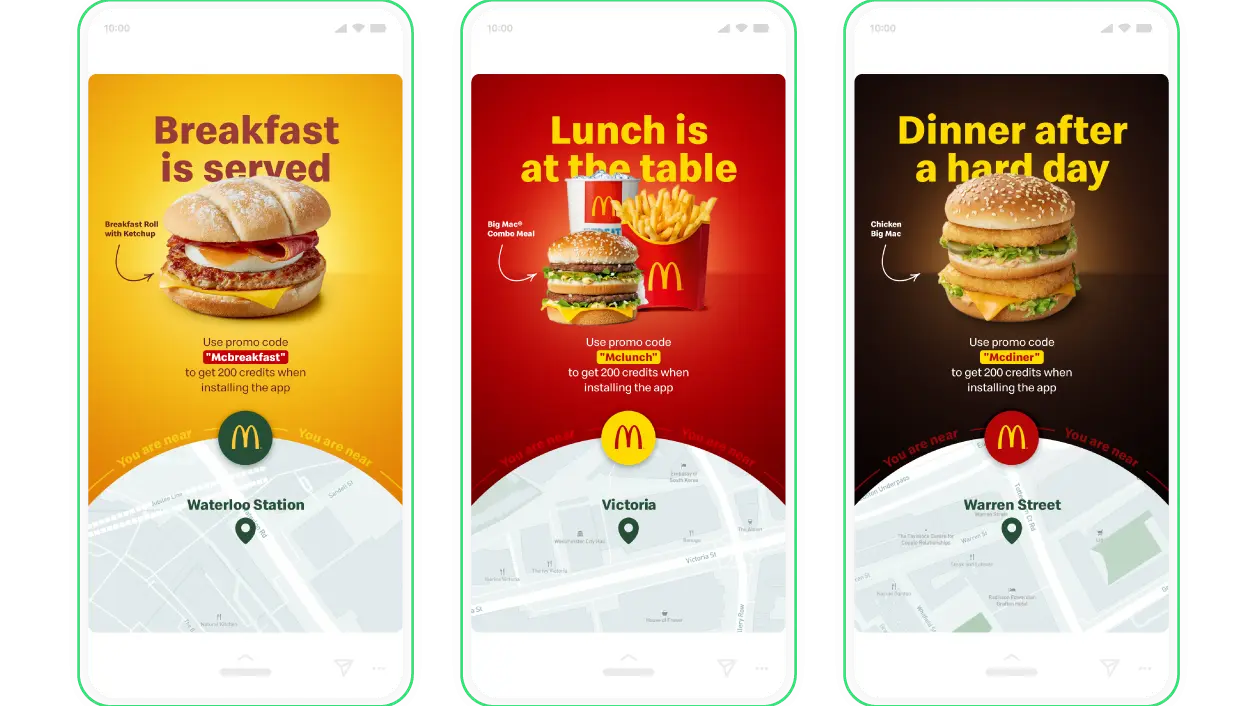 Three smartphone screens displaying McDonald’s mobile ads promoting breakfast, lunch, and dinner deals based on location.