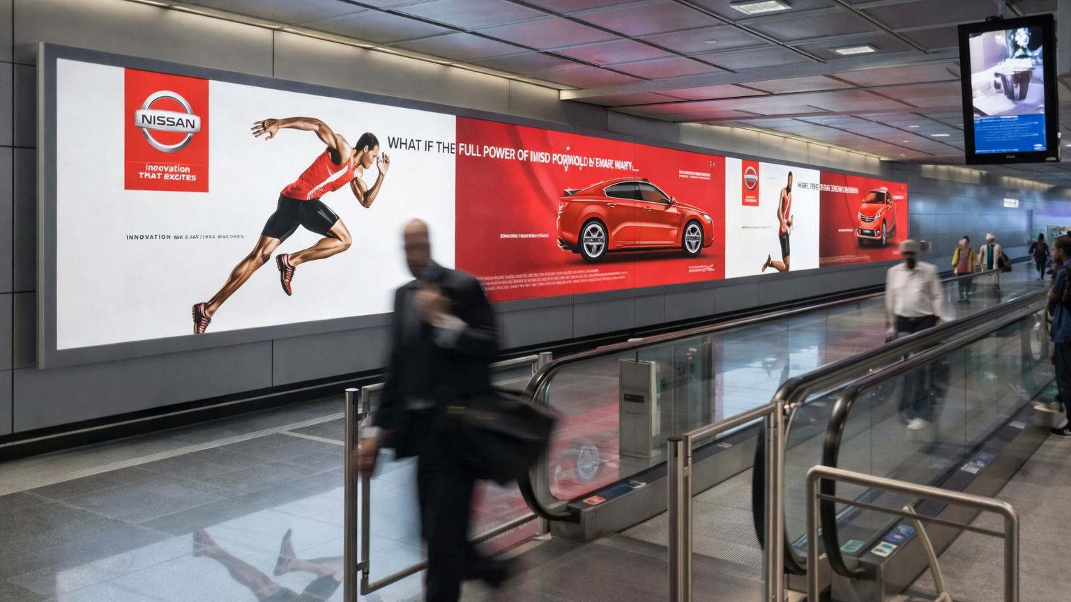Long corridor inside an airport with a large wall-mounted Nissan car advertisement next to a moving walkway.