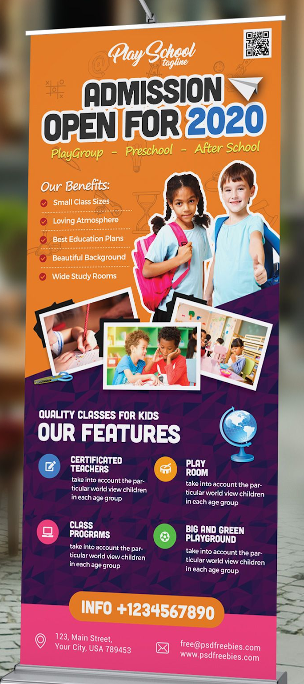 Vertical roll-up banner advertising play school admissions with images of children and key features of the institution.
