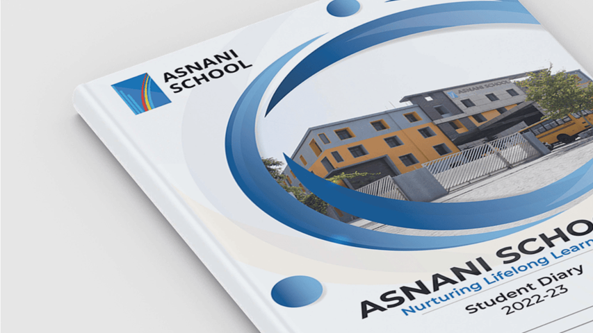 Printed brochure of Asnani School featuring campus image and branding with academic year details