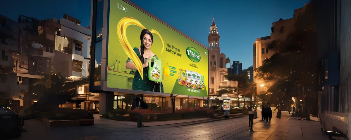 Large outdoor billboard advertising cooking oil brand in a city street at night with illuminated hoarding and high visibility placement
