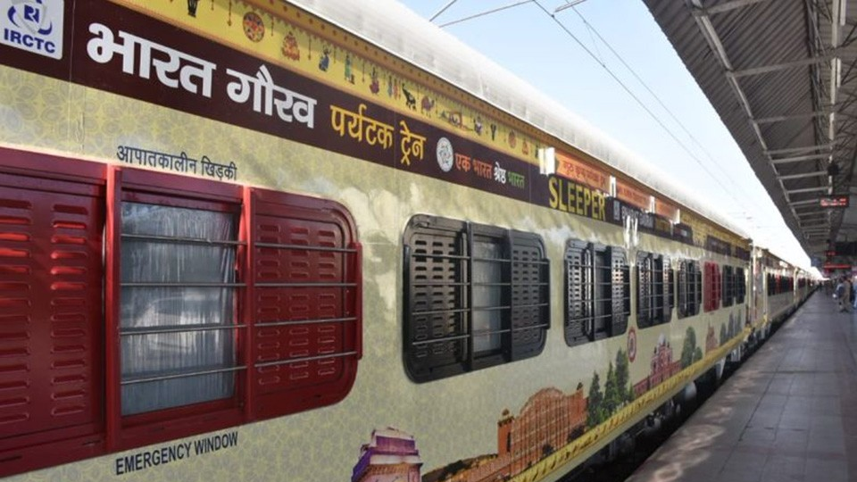 Indian Railways Bharat Gaurav tourist train exterior wrapped with cultural visuals and tourism branding