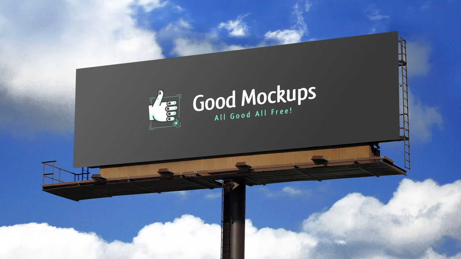 Large outdoor billboard mockup reading “Good Mockups” against blue sky with clouds