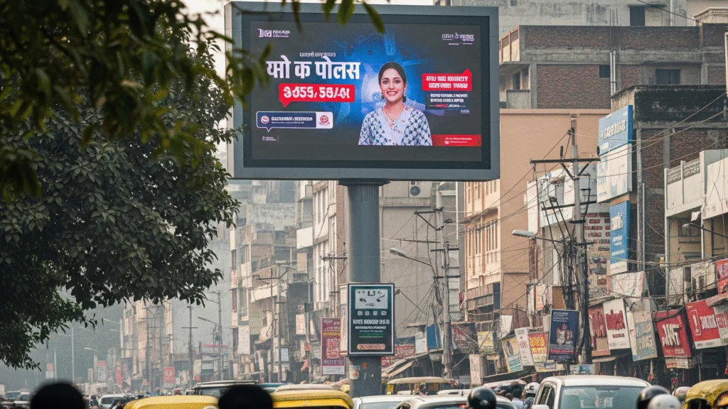 Digital roadside billboard in a busy Indian street featuring a woman in an advertisement display