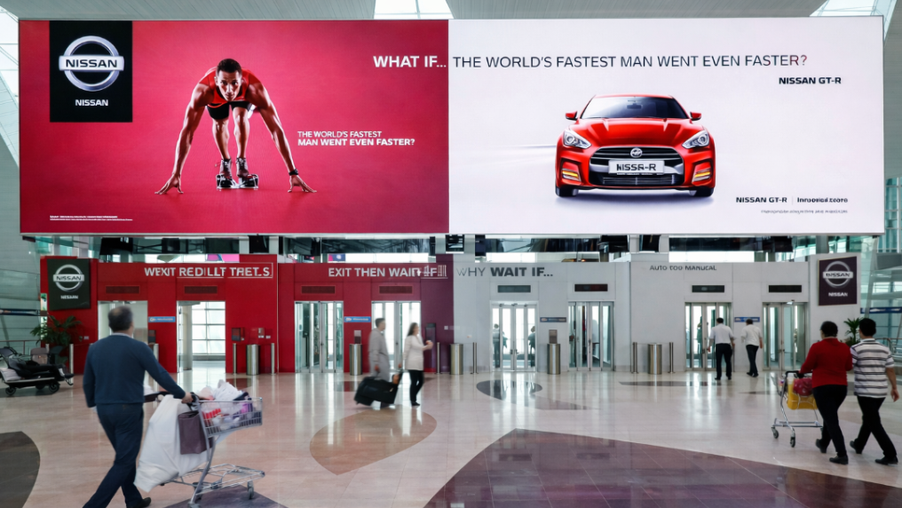 A giant indoor Nissan GT-R advertisement inside an airport terminal. Travelers with luggage carts walk past the display featuring a sprinter and a car.