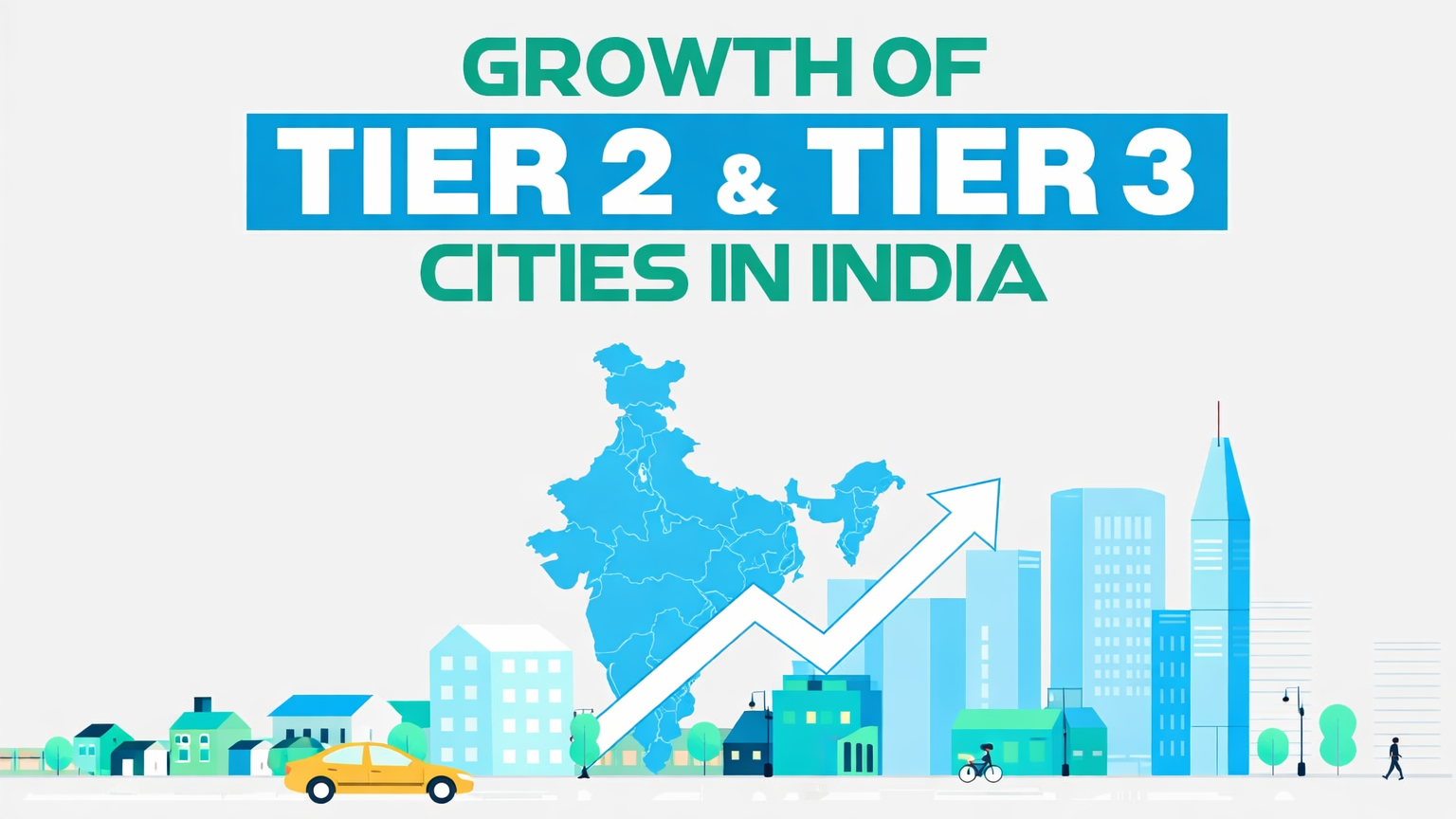An infographic titled "Growth of Tier 2 & Tier 3 Cities in India." It features a blue map of India with an upward-pointing arrow over a stylized cityscape of modern buildings.