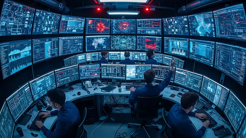 A high-tech control room featuring a massive semicircular wall of digital monitors. Multiple operators sit at workstations, monitoring complex data visualizations, global maps, and real-time analytics in a dark, professional environment.