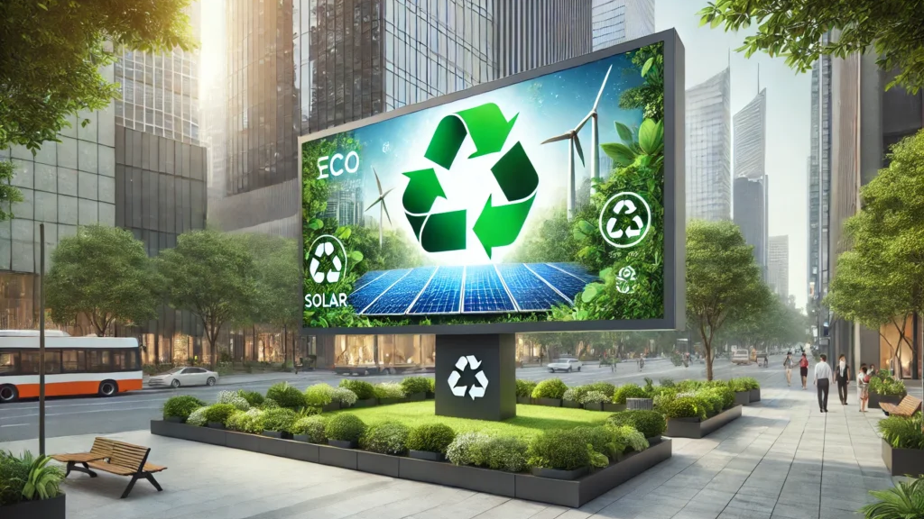 A futuristic digital billboard in a clean city plaza. The screen displays "ECO" and "SOLAR" messaging with a green recycling symbol, surrounded by wind turbines, solar panels, and lush greenery.