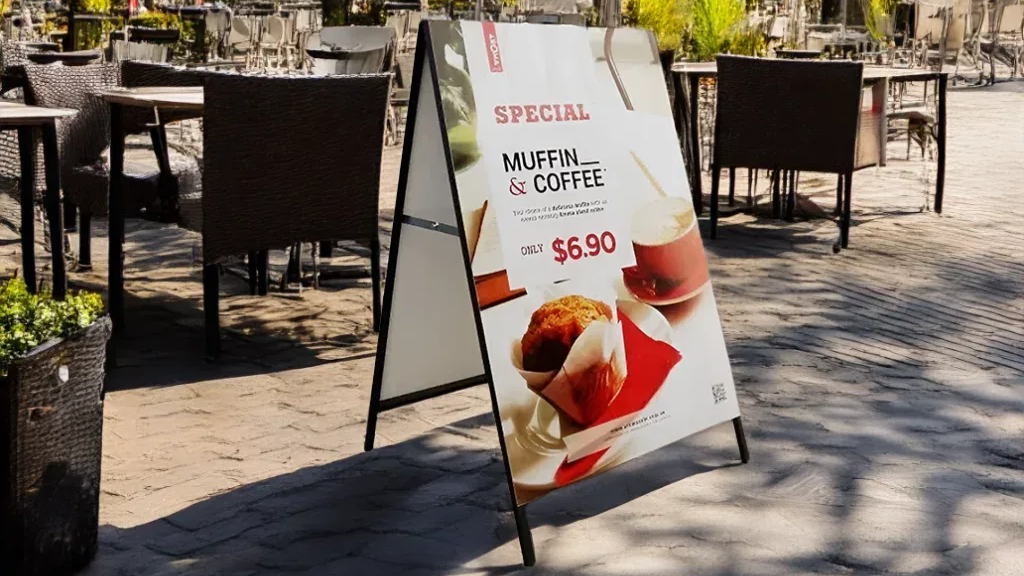 A white A-frame sidewalk sign stands outside a cafe, featuring a high-quality photograph of a muffin and coffee combo priced at $6.90 to attract passing pedestrians.